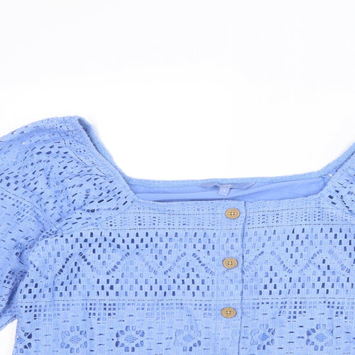 NEXT Womens Blue Geometric Cotton Basic T-Shirt Size 8 Round Neck
