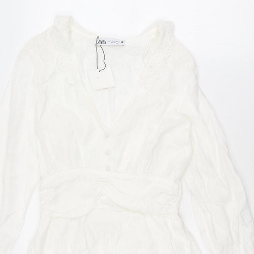 Zara Womens White Polyester A-Line Size M V-Neck Pullover