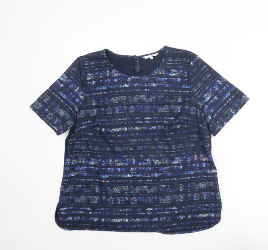 DASH Womens Blue Geometric Polyester Basic T-Shirt Size 16 Round Neck