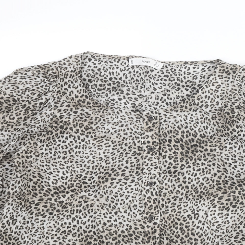 Mango Womens Beige Animal Print Cotton Basic Button-Up Size S Round Neck - Leopard Print
