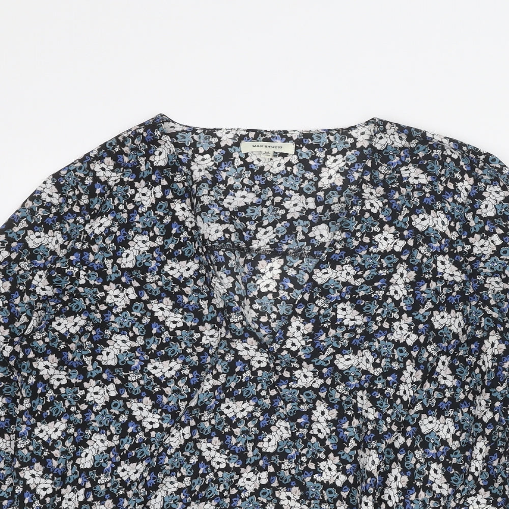 Max Studio Womens Blue Floral Polyester Basic Blouse Size M V-Neck