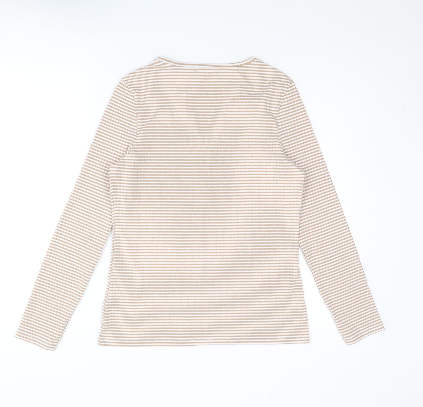 Marks and Spencer Womens Beige Striped Polyester Basic T-Shirt Size 12 V-Neck