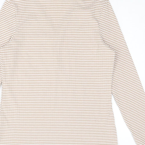Marks and Spencer Womens Beige Striped Polyester Basic T-Shirt Size 12 V-Neck