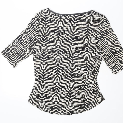 Marks and Spencer Womens Black Animal Print Viscose Basic T-Shirt Size 8 V-Neck - Tiger Print