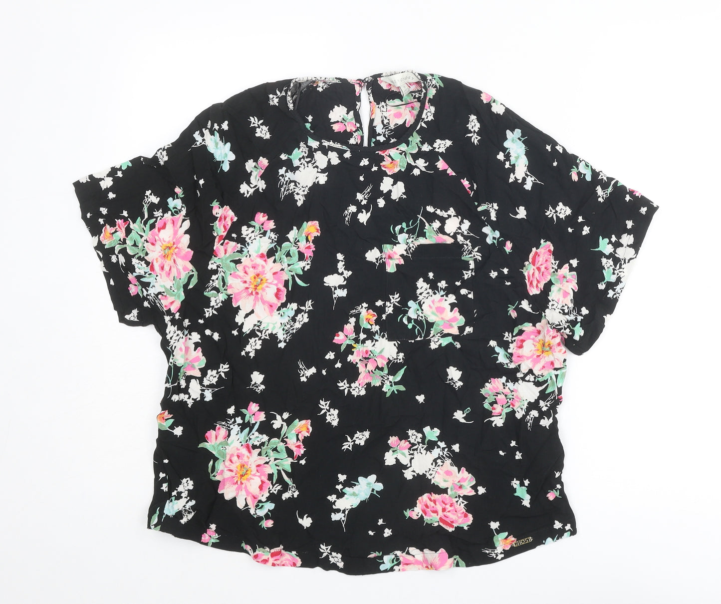 Marks and Spencer Womens Black Floral Viscose Basic Blouse Size 14 Round Neck - Ghost Collection