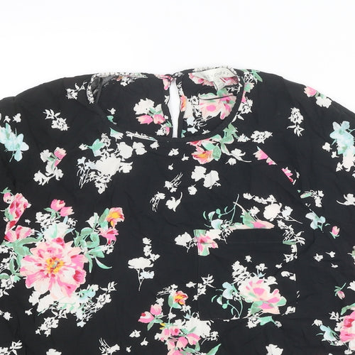 Marks and Spencer Womens Black Floral Viscose Basic Blouse Size 14 Round Neck - Ghost Collection
