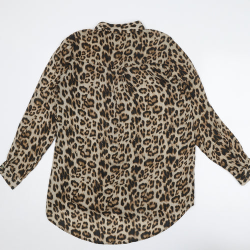 Zara Womens Beige Animal Print Polyester Basic Button-Up Size M Collared - Leopard Print