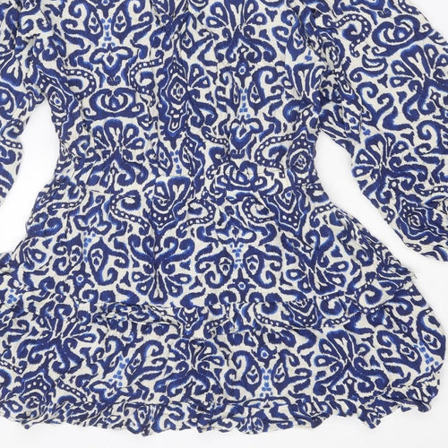 Zara Womens Blue Geometric Viscose A-Line Size S V-Neck Tie