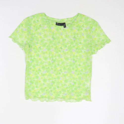 ASOS Womens Green Floral Polyester Basic T-Shirt Size 10 Round Neck