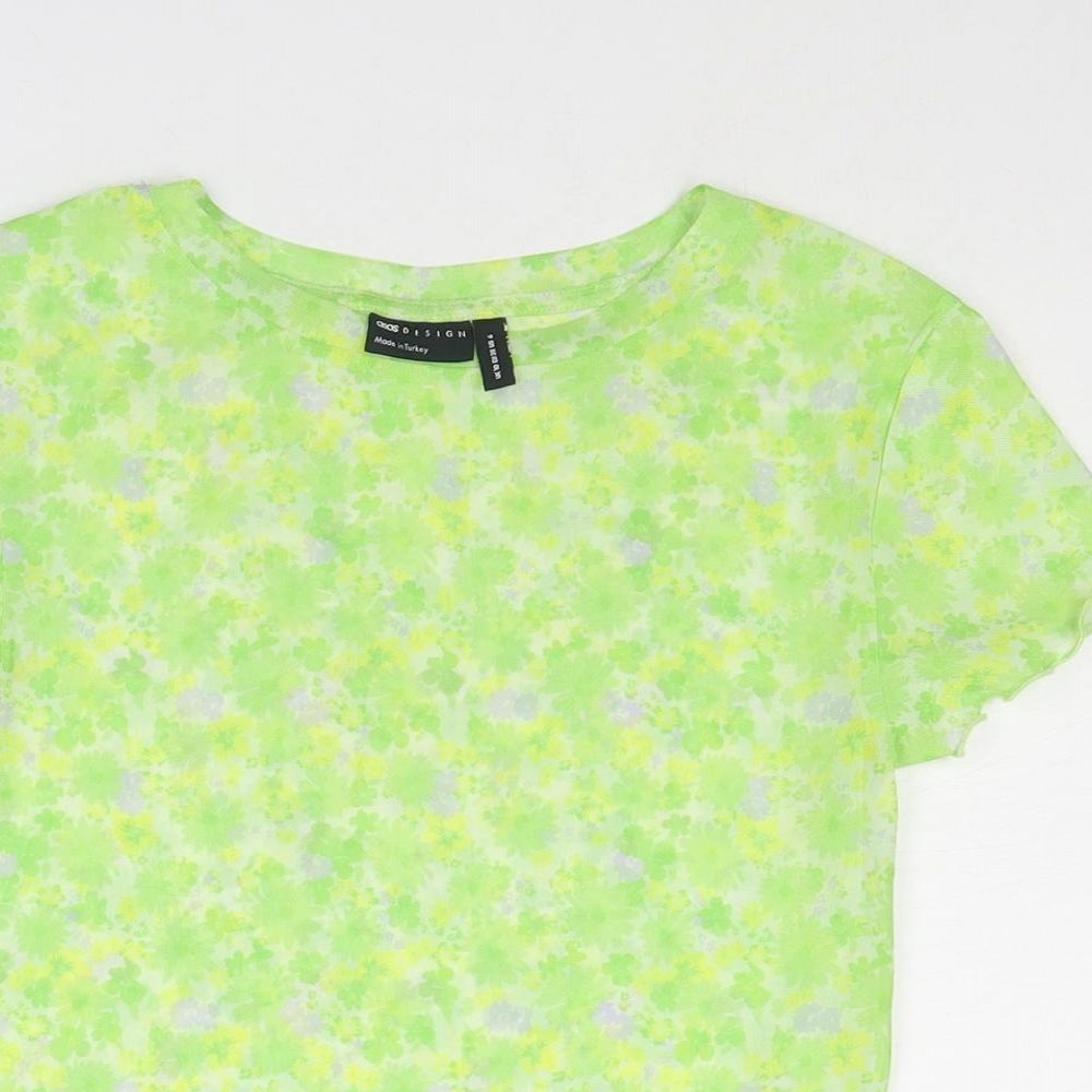 ASOS Womens Green Floral Polyester Basic T-Shirt Size 10 Round Neck