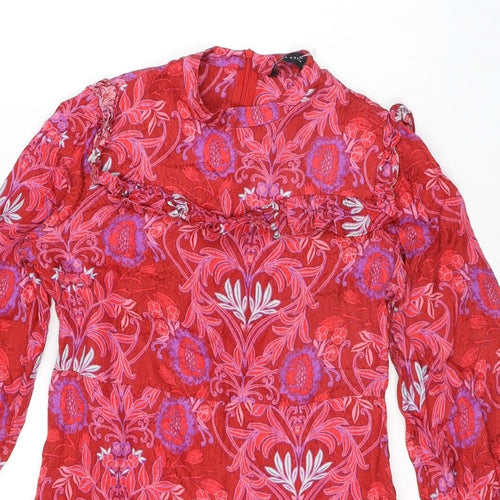Zara Womens Red Floral Viscose Mini Size M Round Neck Zip