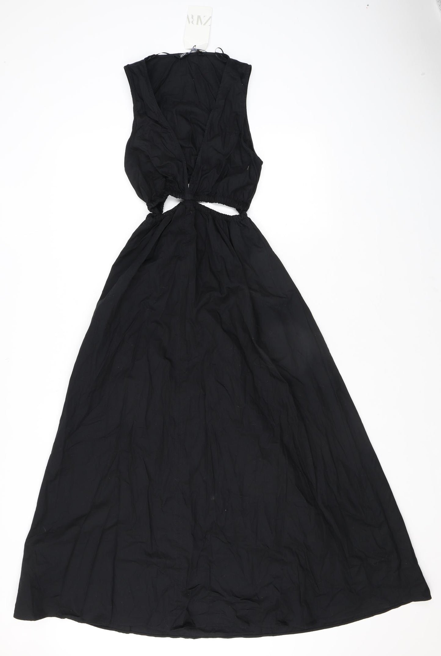 Zara Womens Black 100% Cotton Maxi Size XS V-Neck Pullover