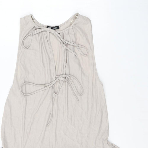 Zara Womens Beige Viscose Skater Dress Size S Round Neck Tie