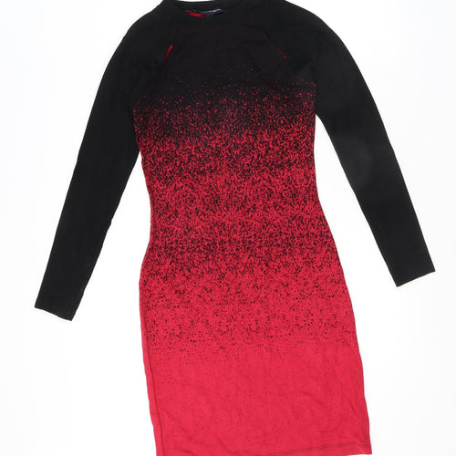 French Connection Womens Red Geometric Viscose Bodycon Size 12 Crew Neck Pullover