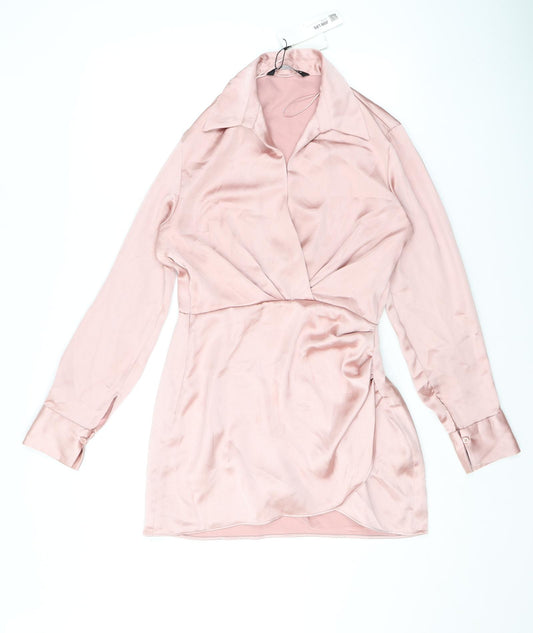 Zara Womens Pink Polyester Shirt Dress Size S Collared Zip