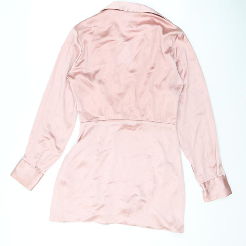 Zara Womens Pink Polyester Shirt Dress Size S Collared Zip
