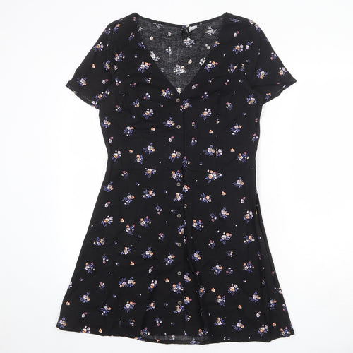 Divided by H&M Womens Black Floral Viscose A-Line Size 12 V-Neck Button