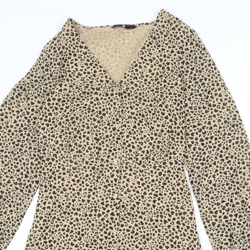 Very Womens Beige Animal Print Polyester A-Line Size 8 V-Neck Button - Leopard pattern