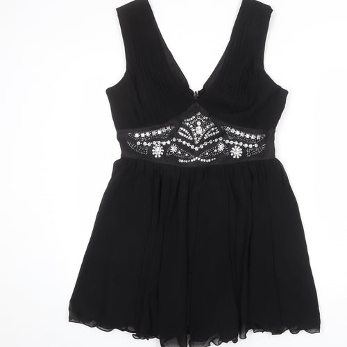 Lipsy Womens Black Polyester Skater Dress Size 14 V-Neck Zip - Embellished