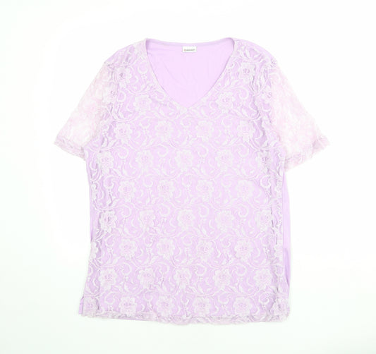 Damart Womens Purple Floral Polyester Basic T-Shirt Size 18 V-Neck - Lace Overlay