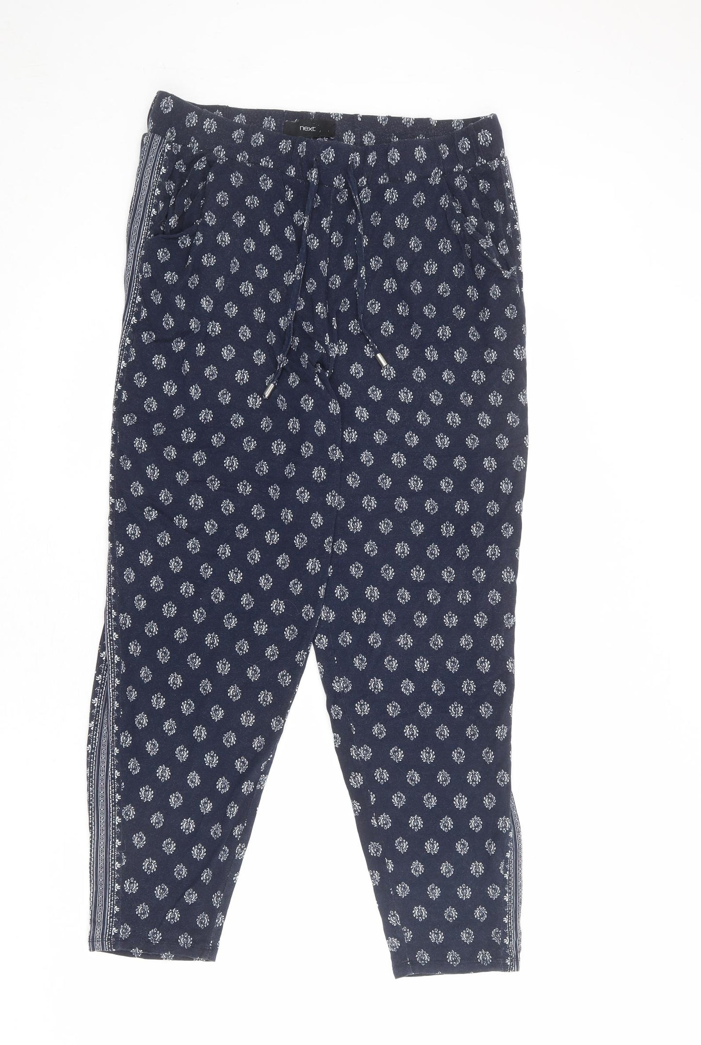 NEXT Womens Blue Geometric Viscose Trousers Size 14 L28 in Regular