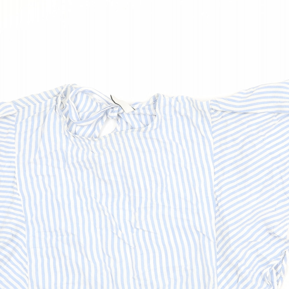 Zara Womens Blue Striped Viscose Basic Blouse Size XL Round Neck