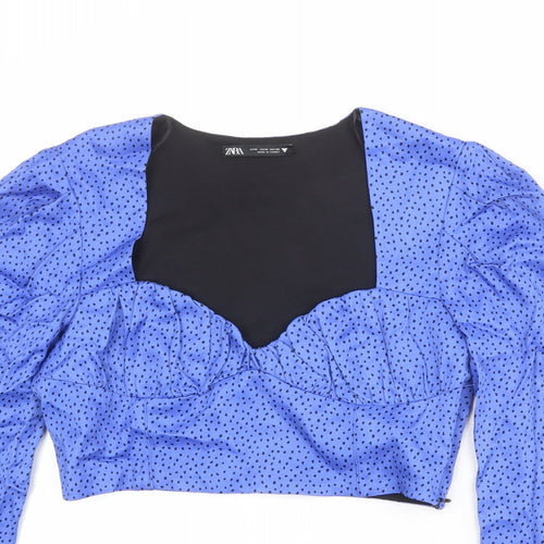 Zara Womens Blue Geometric Polyester Cropped Blouse Size M Sweetheart