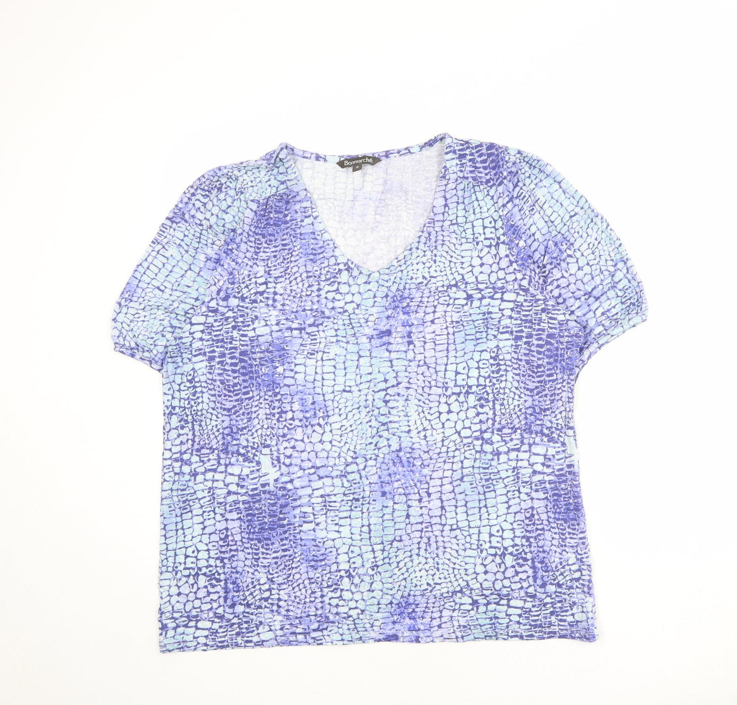 Bonmarché Womens Blue Geometric Viscose Basic T-Shirt Size 18 V-Neck