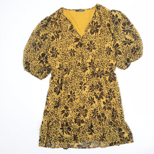 Quiz Womens Yellow Floral Polyester A-Line Size 14 V-Neck Pullover - Puff Sleeve