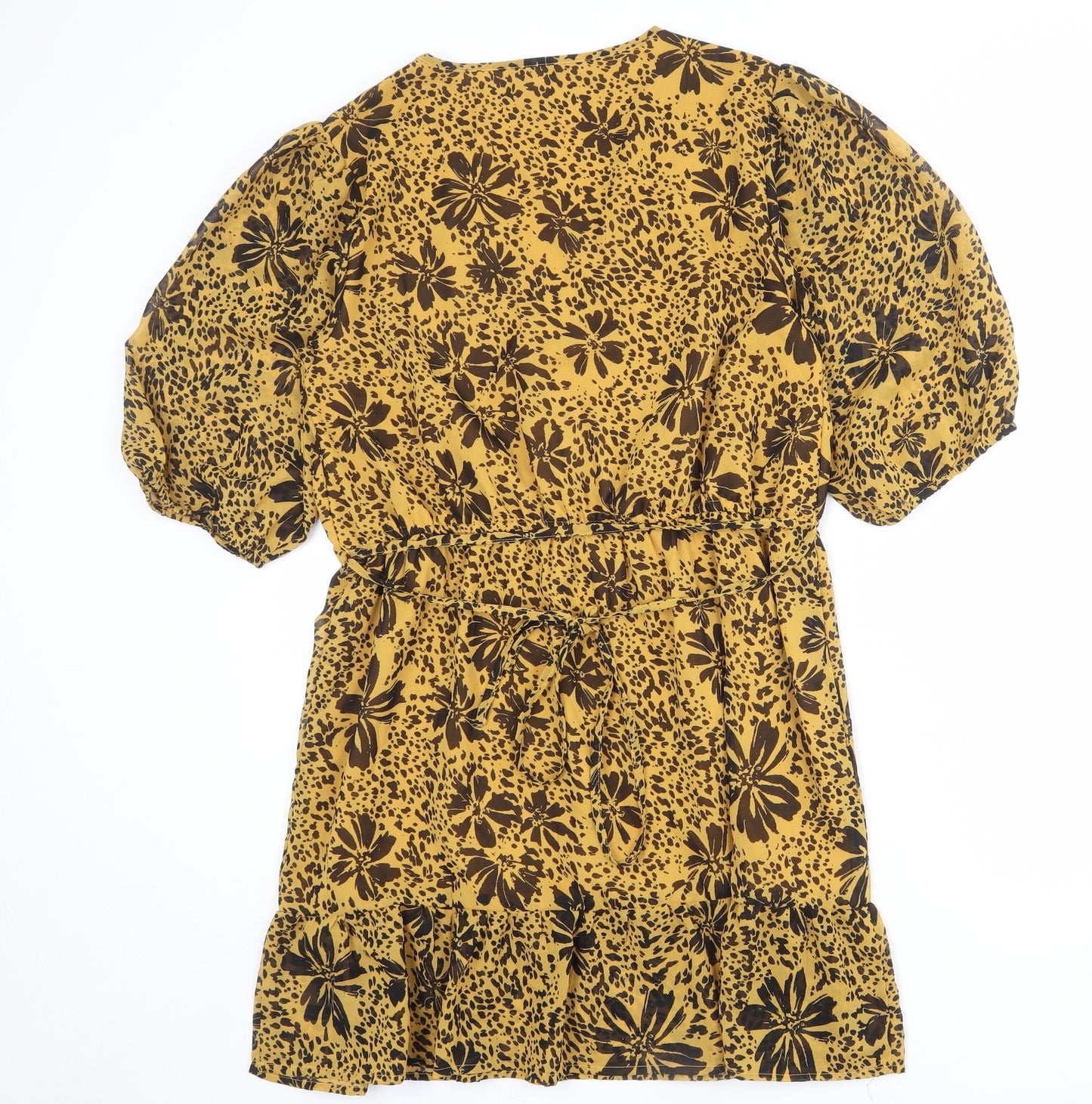 Quiz Womens Yellow Floral Polyester A-Line Size 14 V-Neck Pullover - Puff Sleeve