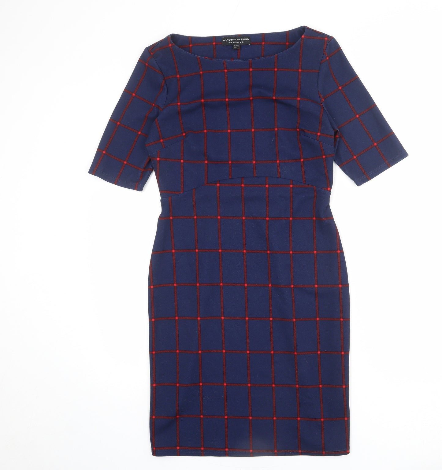 Dorothy Perkins Womens Blue Check Polyester Pencil Dress Size 10 Boat Neck Pullover