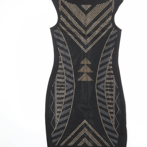 Lipsy Womens Black Geometric Polyester Pencil Dress Size 10 Boat Neck Pullover - Embellished