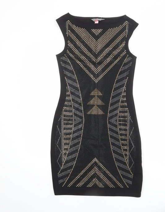 Lipsy Womens Black Geometric Polyester Pencil Dress Size 10 Boat Neck Pullover - Embellished
