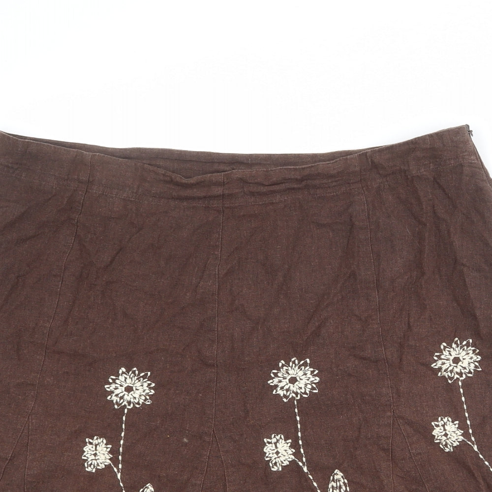 Sarah Hamilton Womens Brown Linen Swing Skirt Size 16 Zip - Flower detail