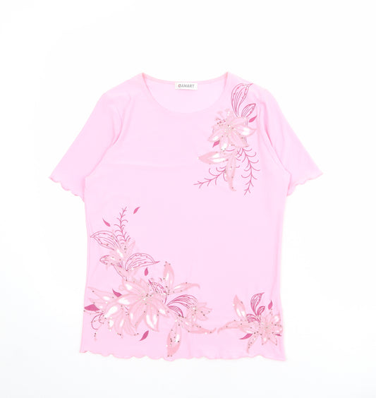 Damart Womens Pink Floral Polyester Basic T-Shirt Size 8 Round Neck