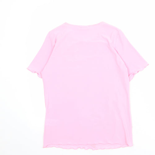 Damart Womens Pink Floral Polyester Basic T-Shirt Size 8 Round Neck