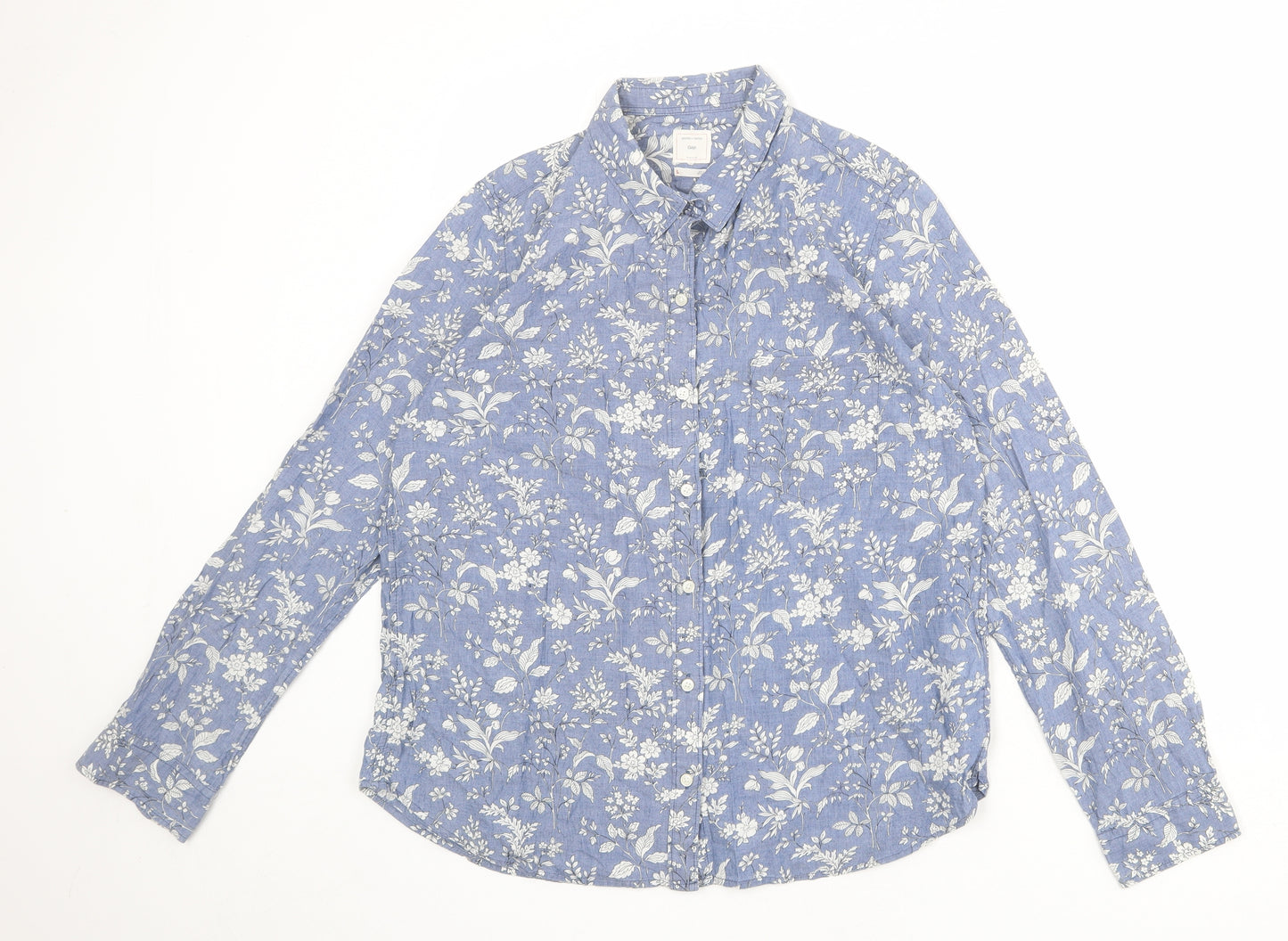 Gap Womens Blue Floral 100% Cotton Basic Button-Up Size L Collared
