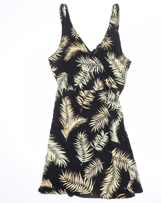 H&M Womens Black Geometric Cotton Tank Dress Size L V-Neck Pullover - Palm Leaves