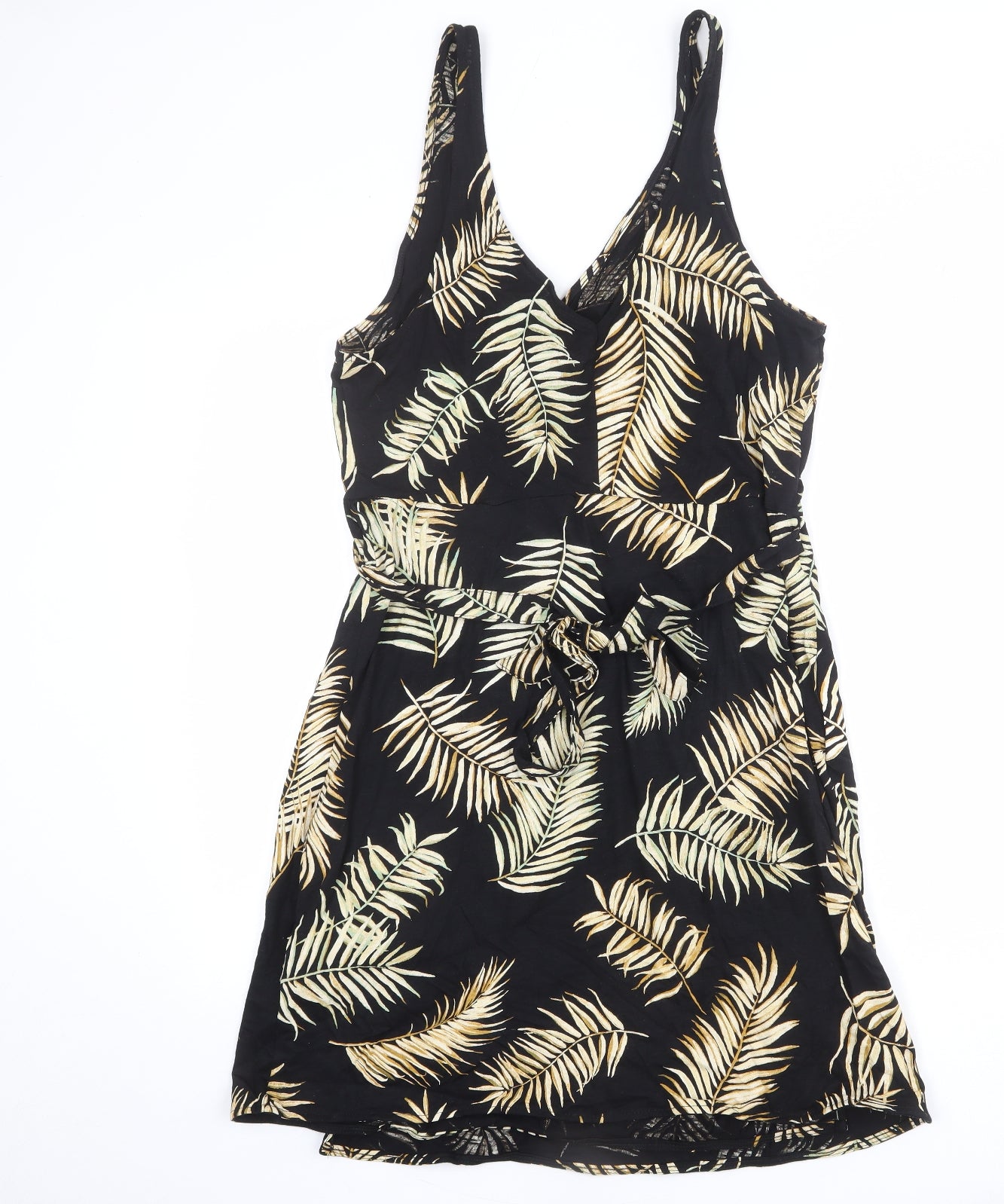 H&M Womens Black Geometric Cotton Tank Dress Size L V-Neck Pullover - Palm Leaves