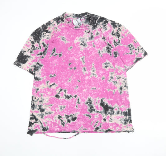 COLLUSION Mens Pink Geometric Cotton T-Shirt Size M Crew Neck - Distressed look, tie dye effect