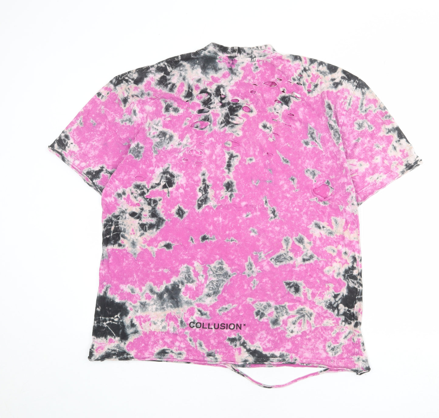 COLLUSION Mens Pink Geometric Cotton T-Shirt Size M Crew Neck - Distressed look, tie dye effect