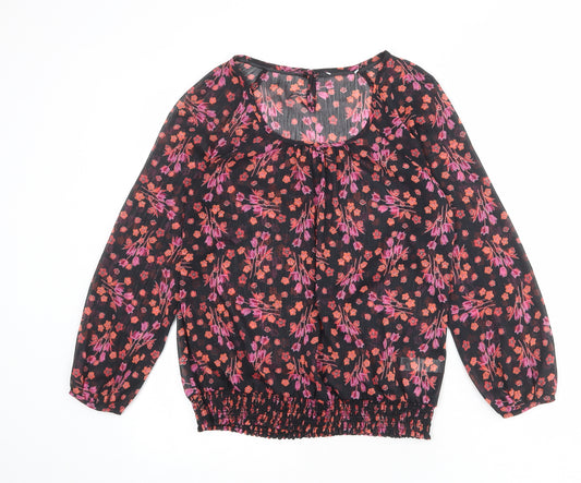 BHS Womens Black Floral Polyester Basic Blouse Size 10 Round Neck