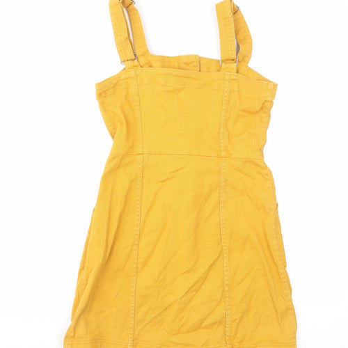 H&M Womens Yellow Cotton Pinafore/Dungaree Dress Size 10 Square Neck Button