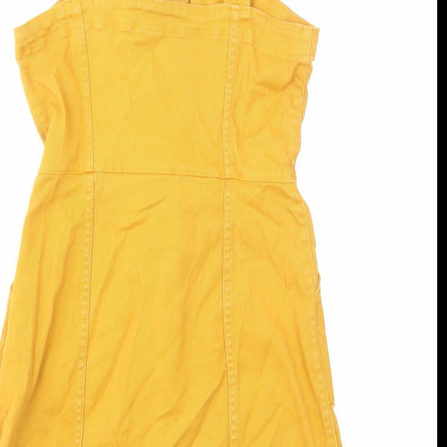 H&M Womens Yellow Cotton Pinafore/Dungaree Dress Size 10 Square Neck Button