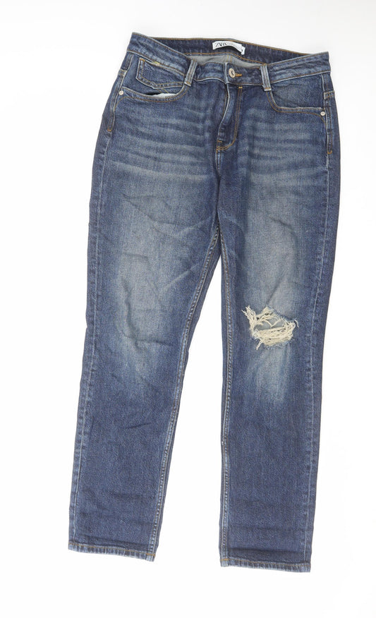 Zara Womens Blue Cotton Straight Jeans Size 10 L28 in Regular Zip