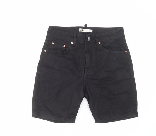 Zara Womens Black Cotton Boyfriend Shorts Size 12 L8 in Regular Zip