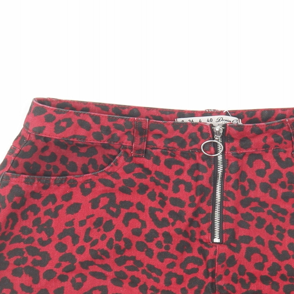 Denim & Co. Womens Red Animal Print Cotton Mini Skirt Size 8 Zip - Leopard pattern