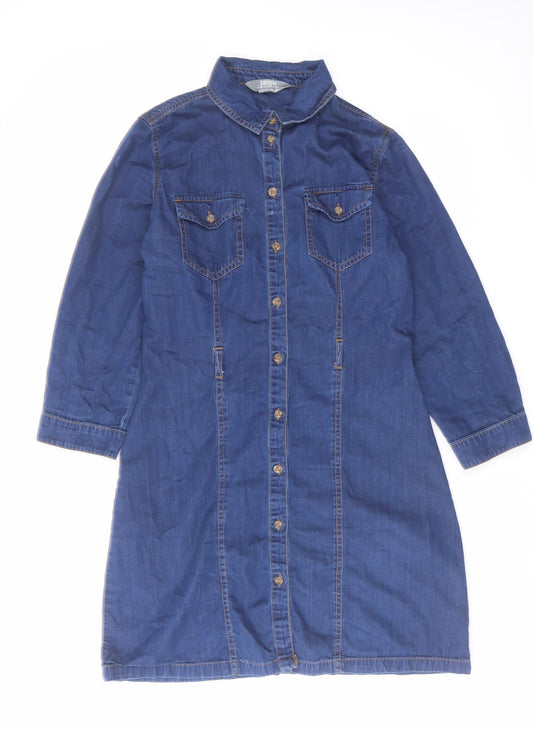 Dorothy Perkins Womens Blue Cotton Shirt Dress Size 10 Collared Button