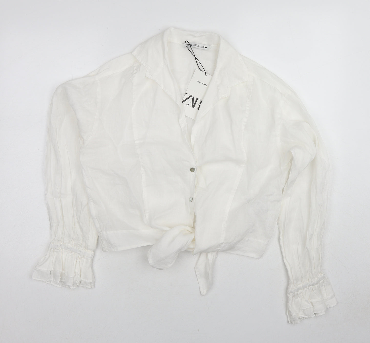Zara Womens White Ramie Camisole Button-Up Size S Collared - Knot Front