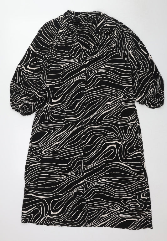 Zara Womens Black Animal Print Viscose A-Line Size L V-Neck Button